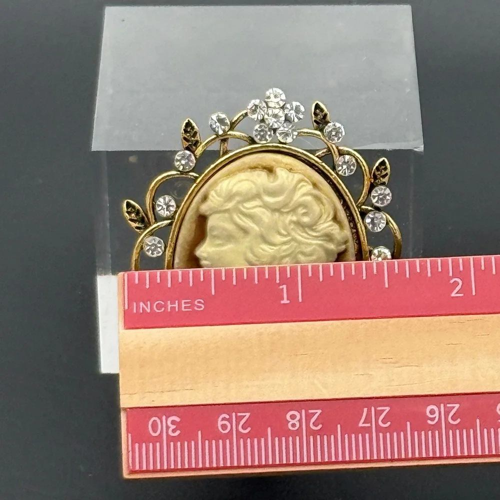 Vintage Gold Tone Rhinestone Cameo Brooch Victorian Style Lady Portrait Pin